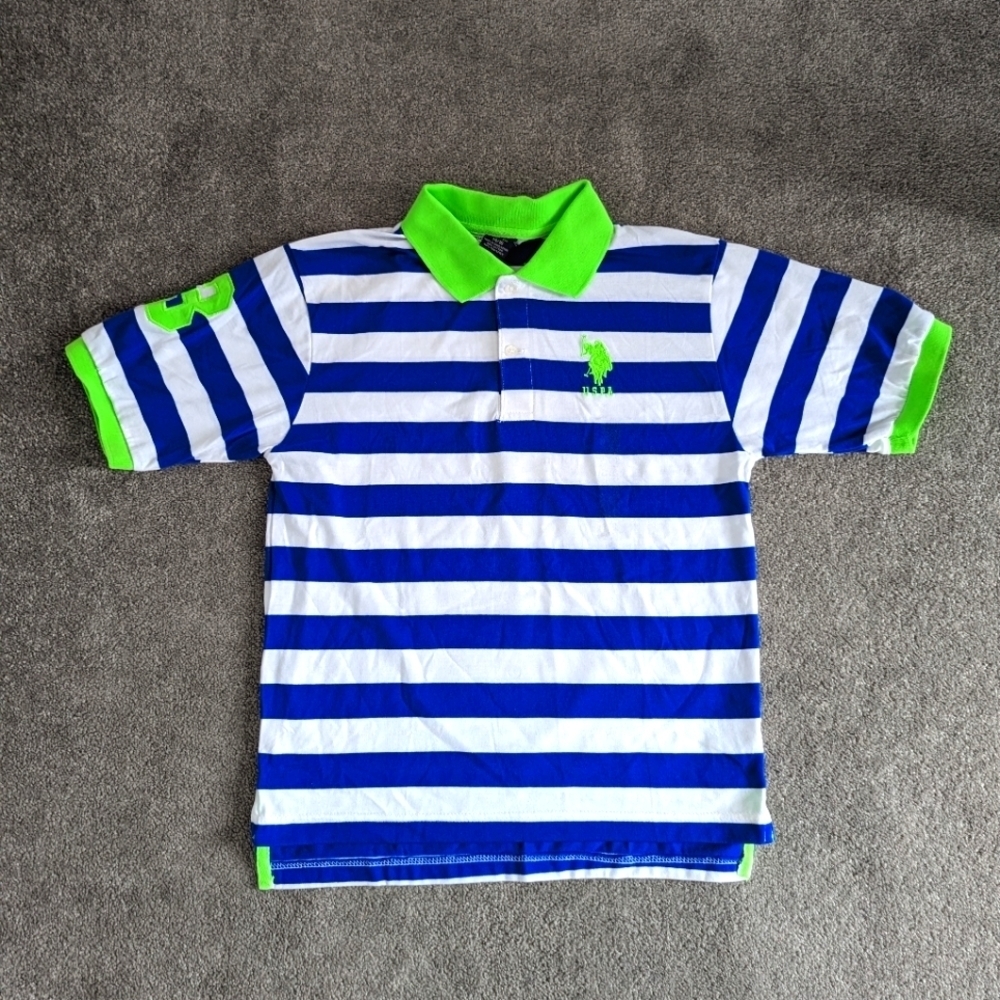 U.S. Polo ASSN white and blue stripe green collar polo Tshirt kid's size 14 16